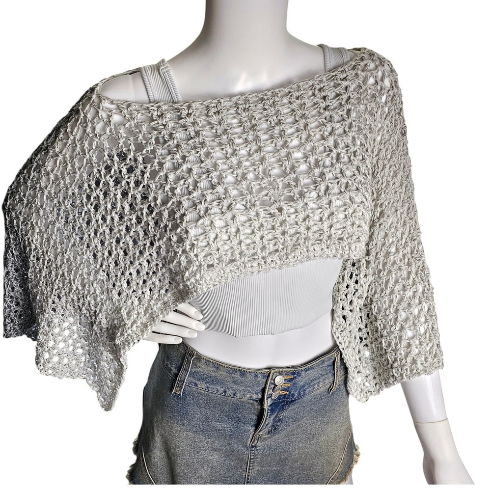 Handmade Crochet Shrug Gray Ombre Open Knit Festival Wrap Shawl - Picture 2 of 11